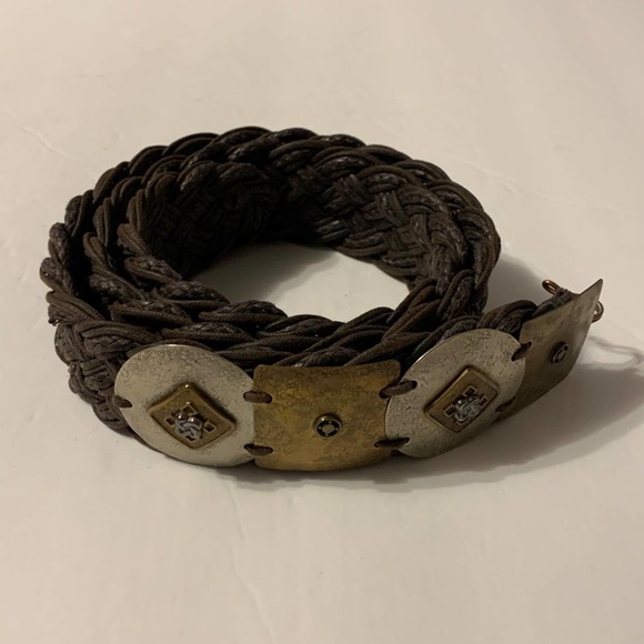Marjorie Baer Vintage  Braided Leather Boho Belt Gold Silver Toned Buckle 38.5" - Picture 1 of 5